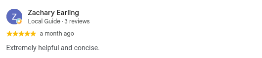 Google review from Zachary Earling, 5 stars, a month ago