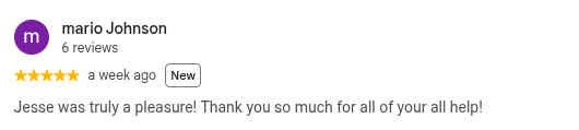 Google review from Mario Johnson, 5 stars, a week ago