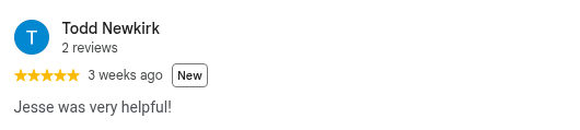 Google review from Todd Newkirk, 5 stars, 3 weeks ago