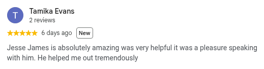 Google review from Tamika Evans, 5 stars, 6 days ago